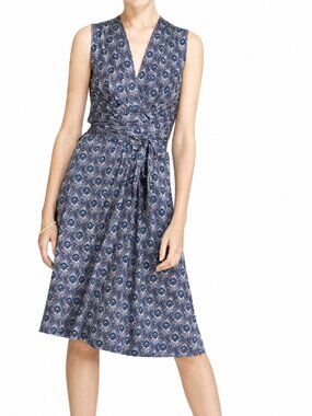TORY BURCH Theona Peacock Print Silk Faux Wrap Dress Sleeveless Blue Women Small